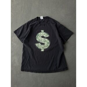 Vintage 2000s Y2K Dollar Sign Bling Bling Black Cotton T-shirt Hip Hop XL AAA